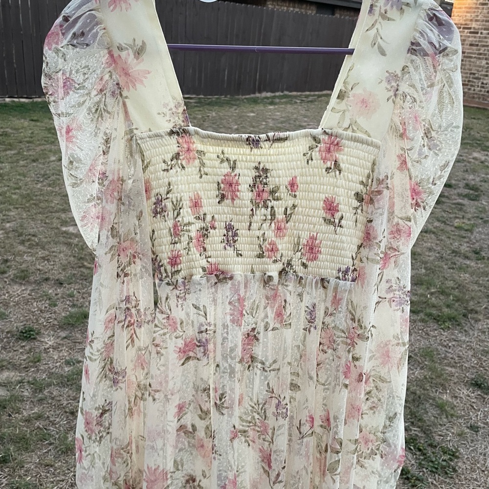 Square neck floral print sweet coquette sheer long sleeve top